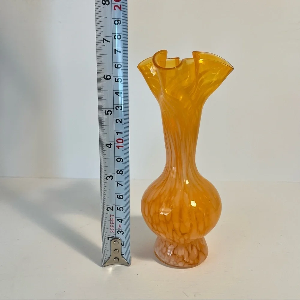Vintage Orange and White Splatter Glass Vase with Ruffled Edge 6.5” Tall